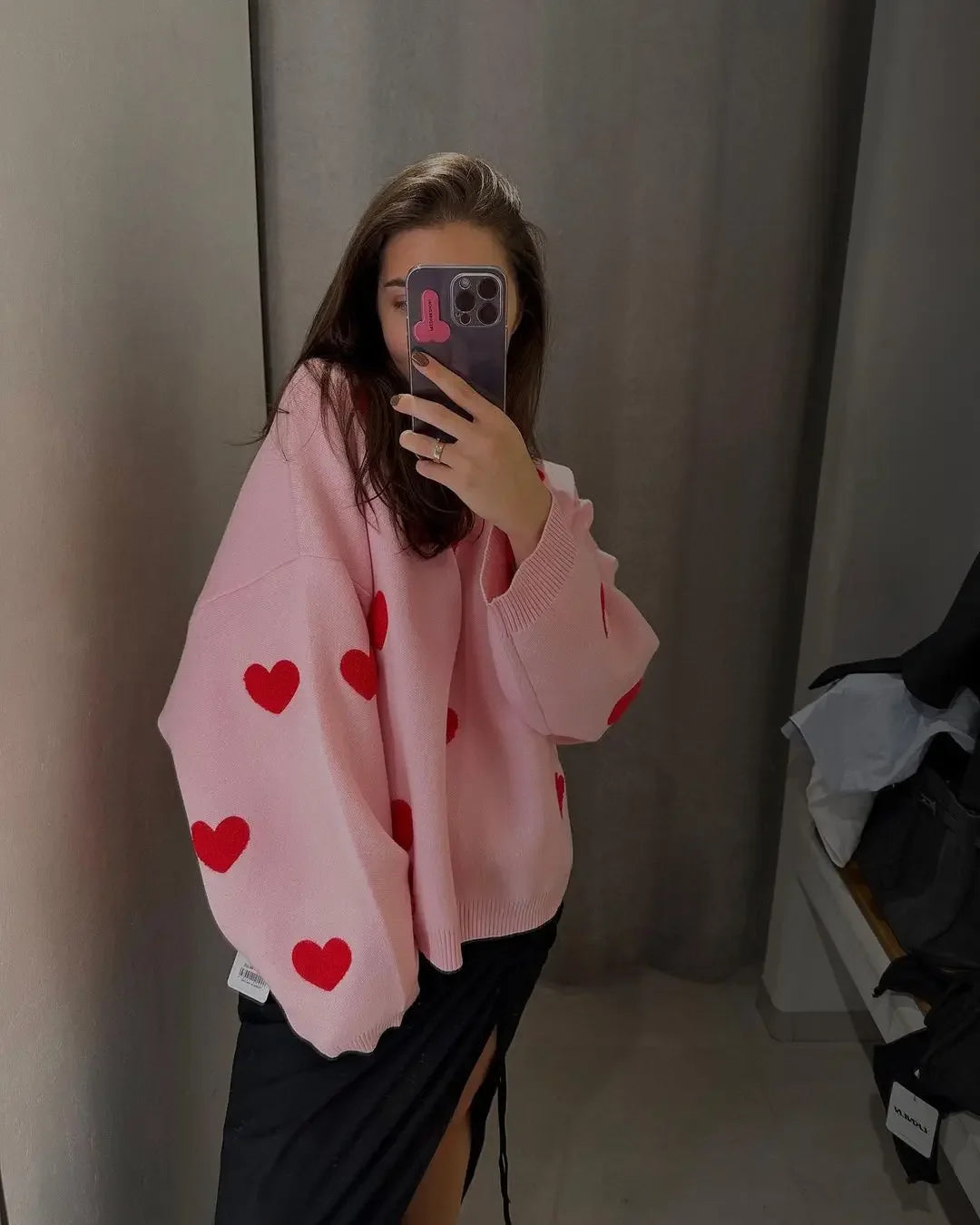 Aiertu  -  Love Heart Printed Knitted Sweater Pullover Tops Fashion O Neck Thickened Long-sleeved Sweaters Women Oversized Street Jumper Aiertu