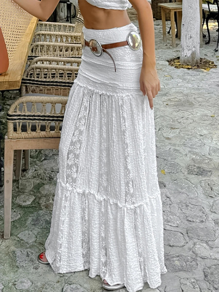 Aiertu  -  New Lace Patchwork White Long Skirt Women High Elastic Waist Textured A-line Maxi Skirts Summer Casual Fashion Holiday Faldas Aiertu