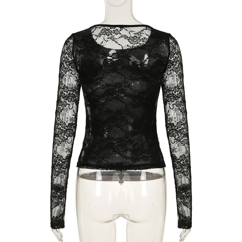 Aiertu  -   party look snspos Hollow Out Lace Sleeve Patchwork Top Women's Autumn Spring Sexy Slim-fitting T-shirts Chic Elegant Crew Neck Tops Retro Aiertu