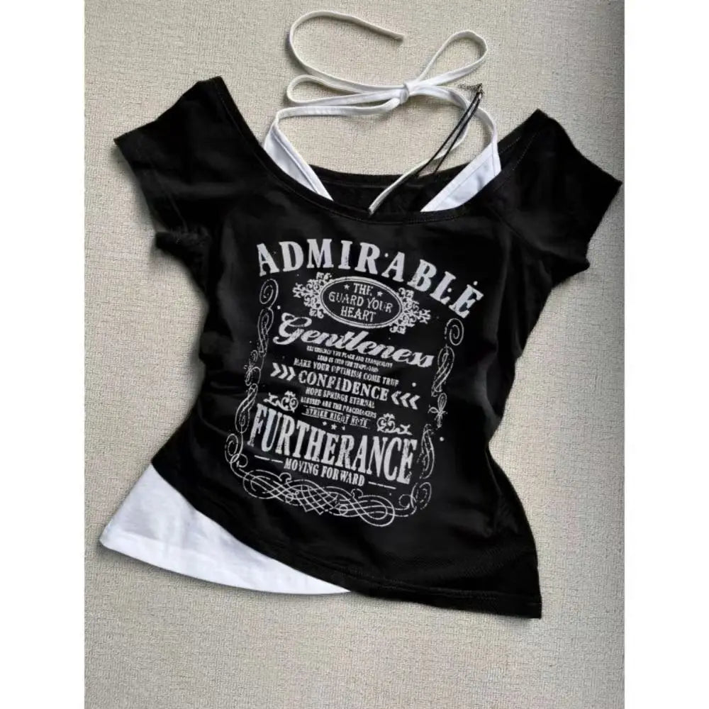 Aiertu  -  Retro Streetwear Y2K Letter Print T-Shirt Women Fashion Street Millennial Trend One Neck Spice Girl Slim Harajuku Casual Top Aiertu