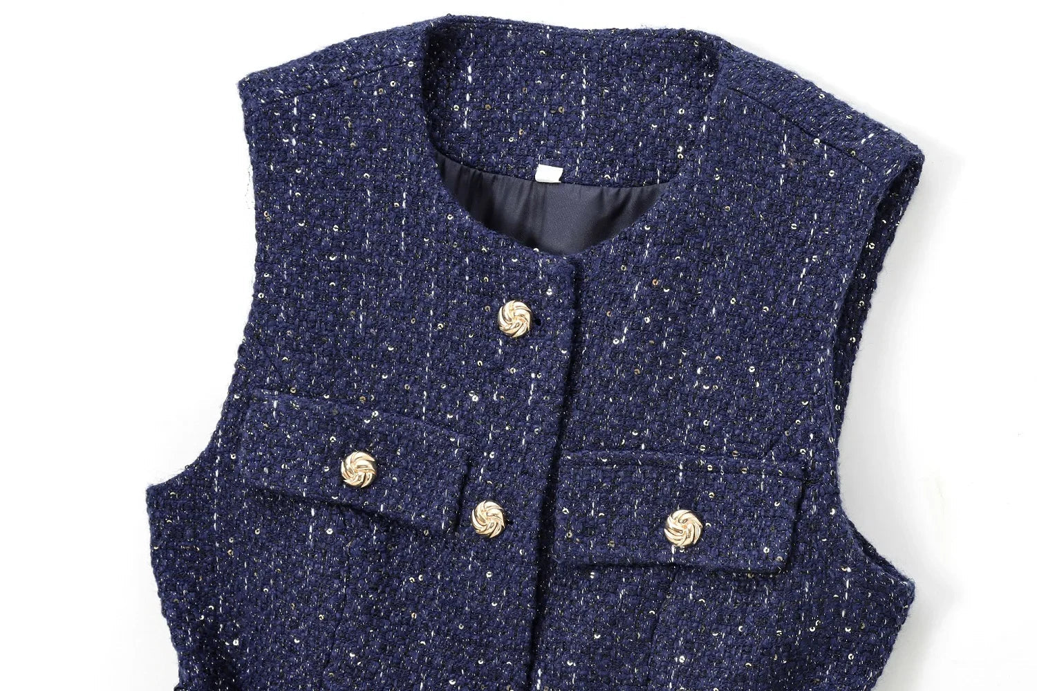 Aiertu  -  Women Blue Tweed Waistcoat With Belt Sleeveless Female Outerwear PS0138 Aiertu