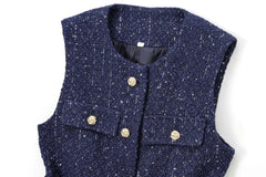 Aiertu  -  Women Blue Tweed Waistcoat With Belt Sleeveless Female Outerwear PS0138 Aiertu