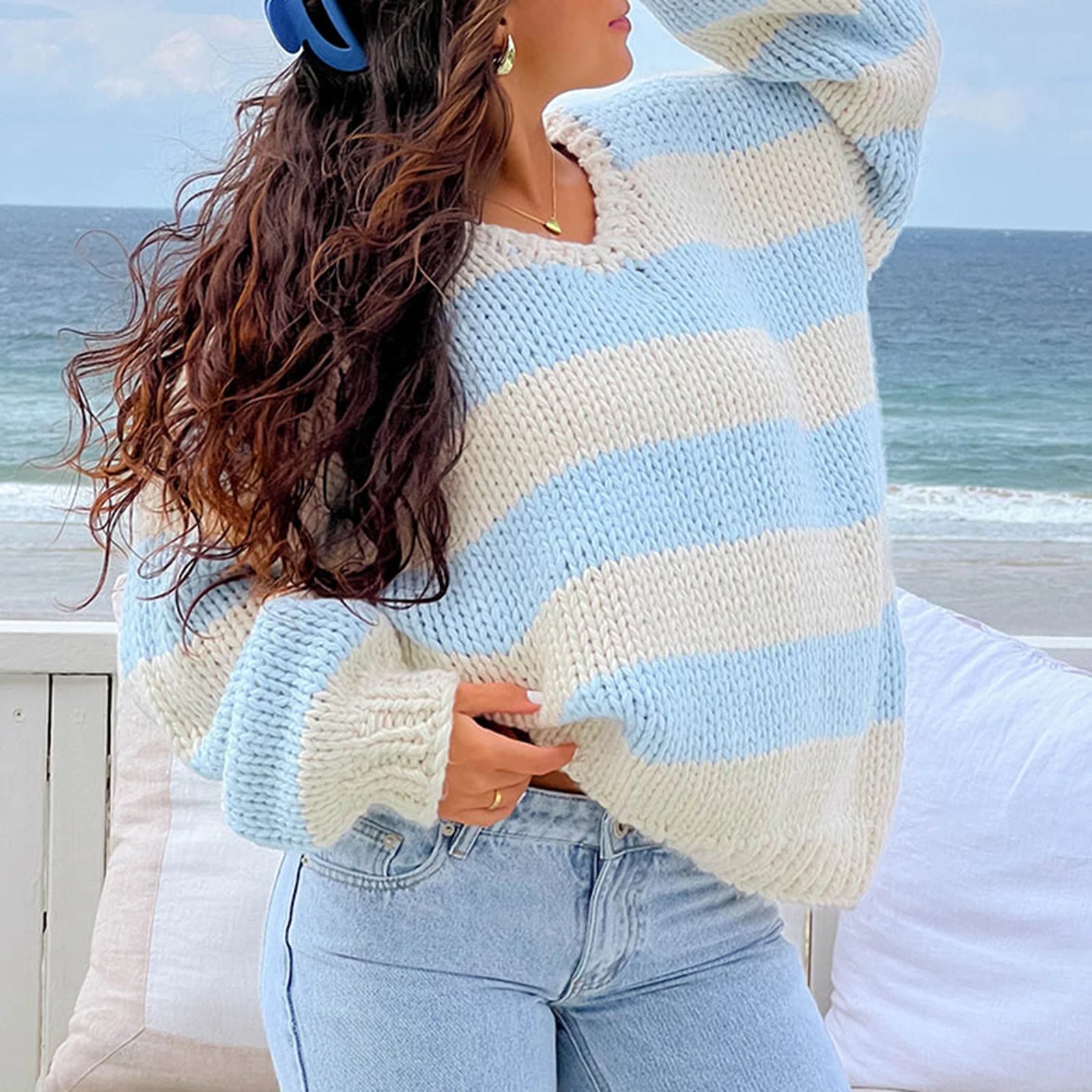 Aiertu  -  Women Striped Chunky Knitted Sweater Drop Shoulder Long Sleeve V-Neck Oversized Sweater Pullover Vintage Loose Knit Jumper Tops Aiertu