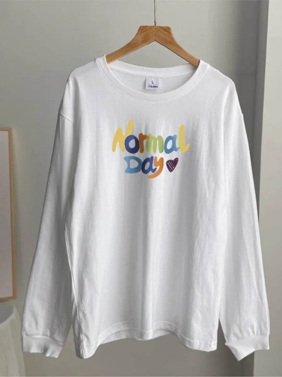 Aiertu  -  Color Letter Print White T-shirt Women 2025 Spring Round Neck Long Sleeve Cotton Tee Shirts Casual Loose Fashion T Shirt Tops Aiertu