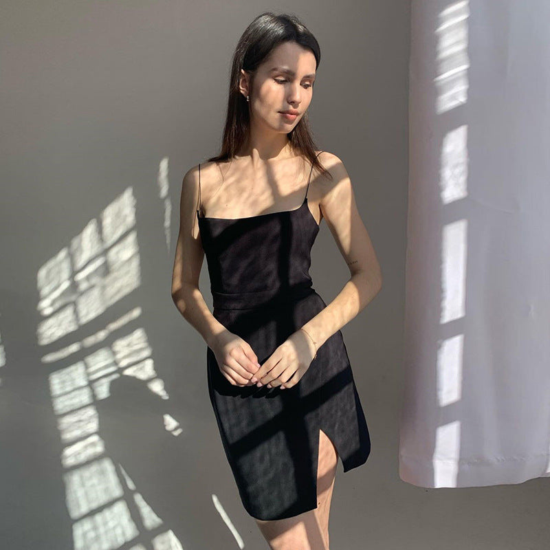 Aiertu - Sling One Shoulder  Solid Color Slim Fit Slit Leg Show Long Dress Aiertu