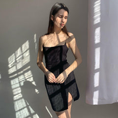 Aiertu - Sling One Shoulder  Solid Color Slim Fit Slit Leg Show Long Dress Aiertu