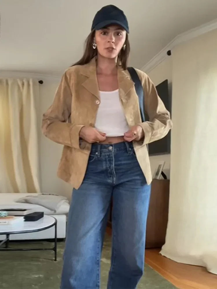 Aiertu  -  Vintage Khaki Suede Leather Blazer Coat Women Elegant Lapel Full Sleeves Single Breasted Jacket Autumn Chic Lady Street Outwear Aiertu