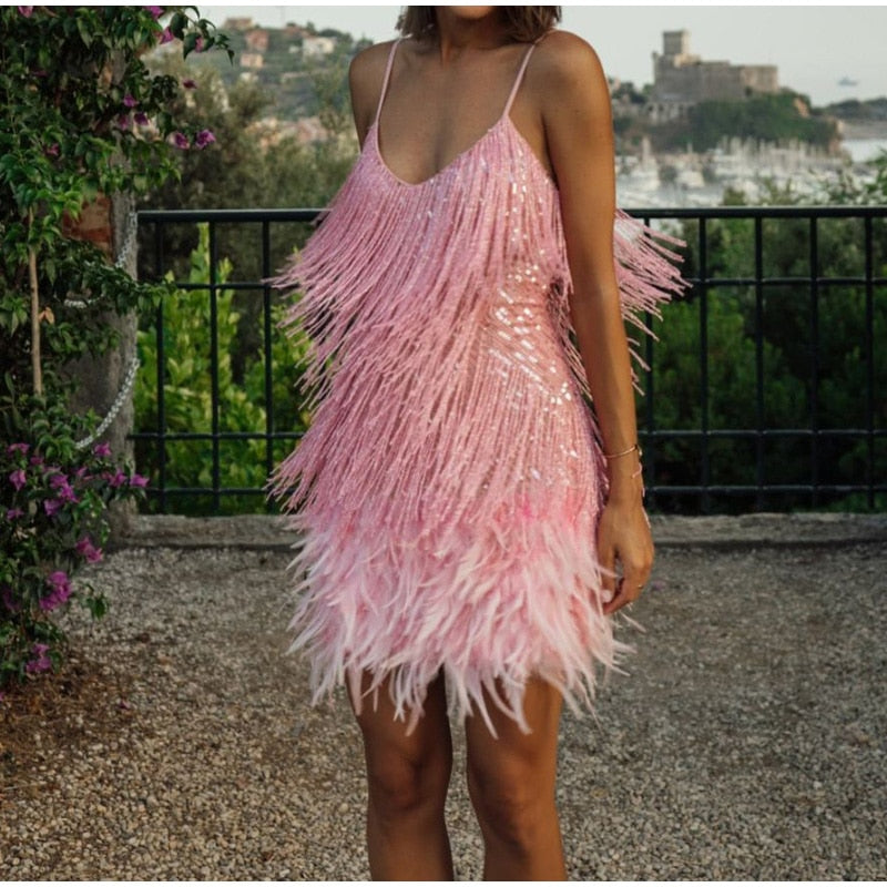 Aiertu Sequins Tassel Feather Spaghetti Strap Dress Women Fashion Sexy Stitching Mini Dresses Ladies Evening Party Club Elegant Dress Aiertu