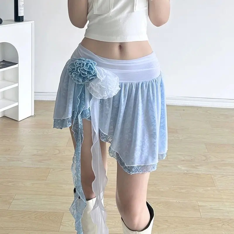 Aiertu outfit ideas French Elegant Sweet Rose Ribbon Gauze Skirt Female Short Double-layer Asymmetric Y2k Hotsweet Girls Spice Pleated Mini Skirts Aiertu