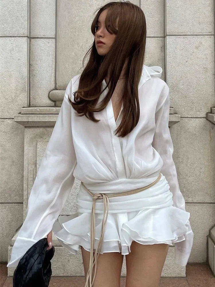 Aiertu  -  New White Chiffon Dress For Women Casual Ruffled Pleated Mini Dress See-through Loose Oversized Shirt Dress Cover-Up 2026 Aiertu