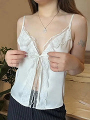 Aiertu  -Lace Trim Tie V-Neck Tank Top aiertu