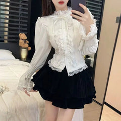 Aiertu Horn Bubble Sleeve Shirt Women's Half High Collar Top Lace Bottom Shirt Aiertu