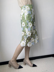 Aiertu  -  Floral-Embroidered Lace Green Pencil Skirts High Quality Hollow Out Knee-Length A-line Skirt Vintage Women Elegant Clothes Aiertu