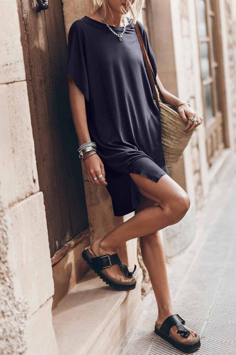 Aiertu  -  Casual Simplicity Solid Slit O Neck Short Sleeve Dress Dresses Aiertu