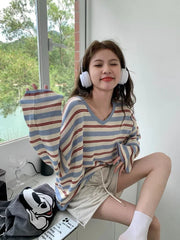 Aiertu  -  Harajuku Striped Knitwear T-Shirt V-neck Long Sleeve Contrast Color Tee Oversized Streetwear Korean Style Spring Clothes Aiertu