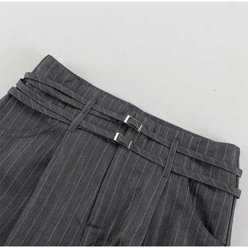 Aiertu  -  Commute Striped Pants Women High Waist Wide Leg Floor-length With Belt Pants Female 2025 Spring Summer Chic Street Lady Trousers Aiertu
