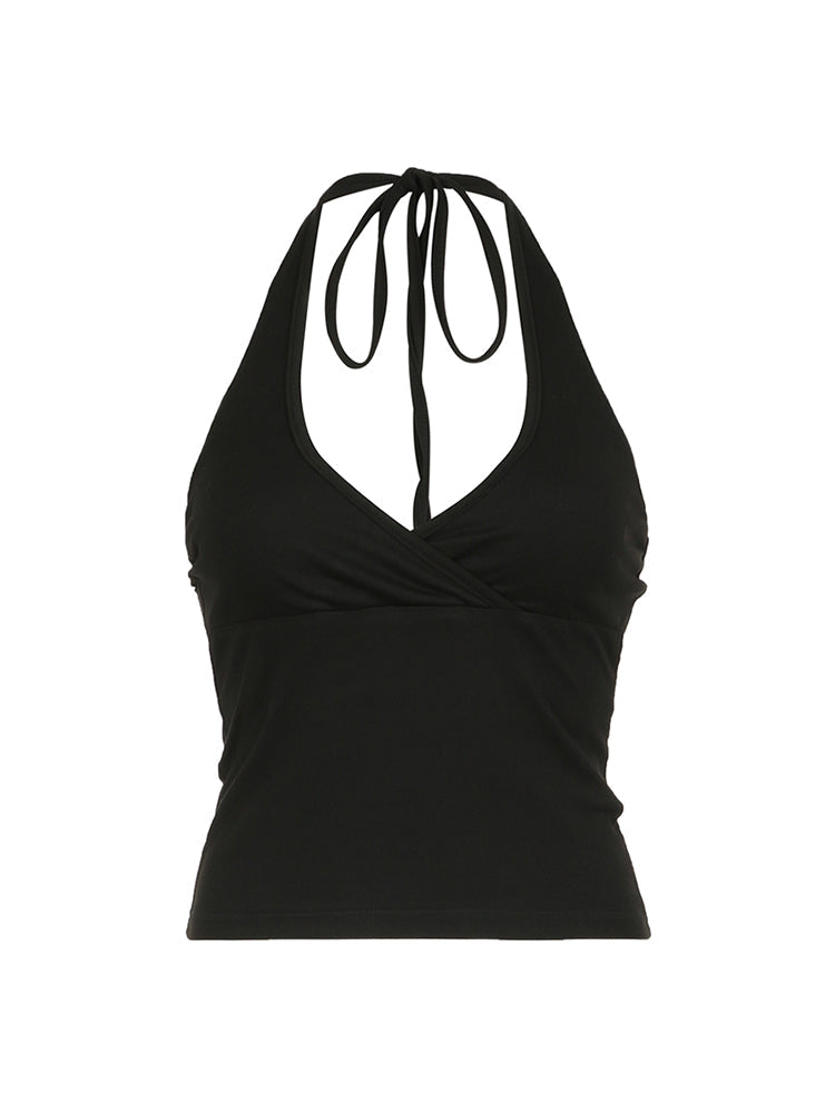 Aiertu - summer inspo Cross Tie Halter V Neck Crop Top Women Solid Basic Casual Slim Backless Sexy Tank Vest Aiertu