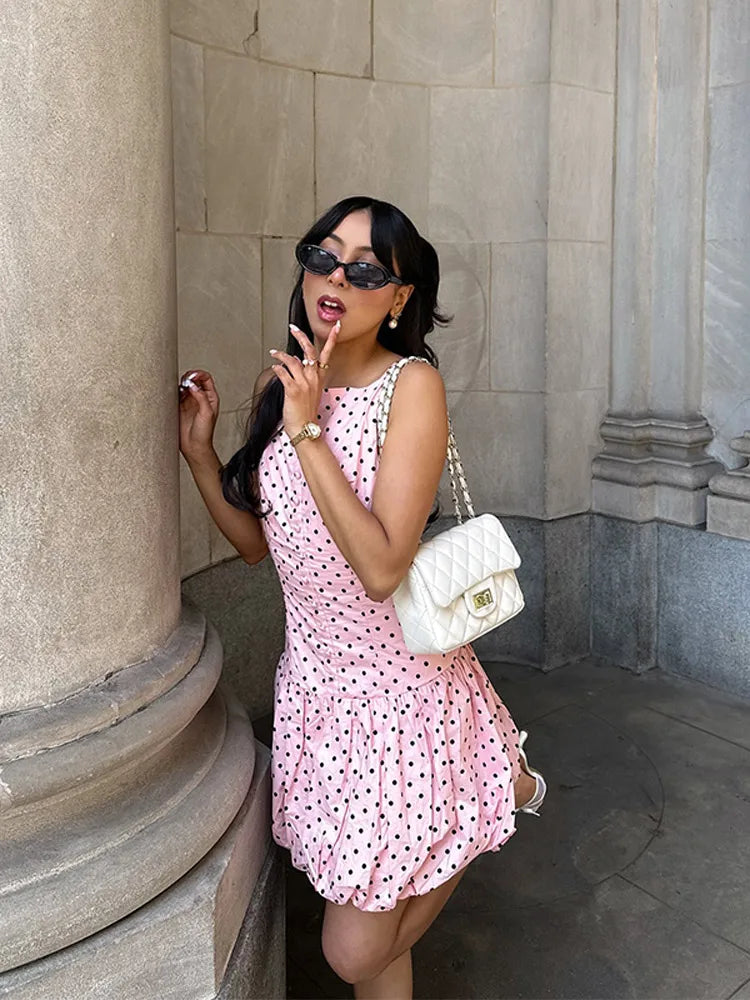 Aiertu  -  Women's Pink Polka Dot Summer Dress 2026 Fashion Puff Hem High Waist Gowns Chic Streetwear Lady Vestidos With Boat Neck Buttons Aiertu
