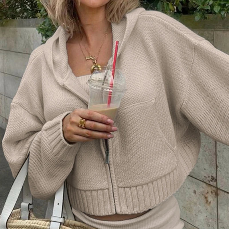 Aiertu  -  cold weather outfits Winter Knitted Cardigan Casual Khaki Basic Fashion Women Zipper Sweater with Pocket Mininalist Hooded Coat Y2K Outfit Aiertu