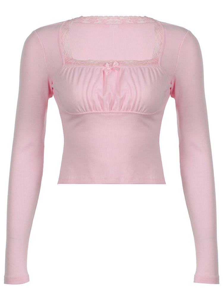 Aiertu - summer inspo Hot Japanese Kawaii Pink Sweet Bow Long Sleeve Tee Front Ruched Bust Lace Trim Square Collar Slim Balletcore Women T Shirt Aiertu
