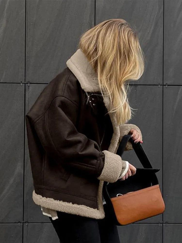 Aiertu  -  Vintage Plush Suede Zipper Jackets Women Casual Loose Lapel Brown Jacket Coats With Pockets Female Winter Warm Street Outwear Aiertu