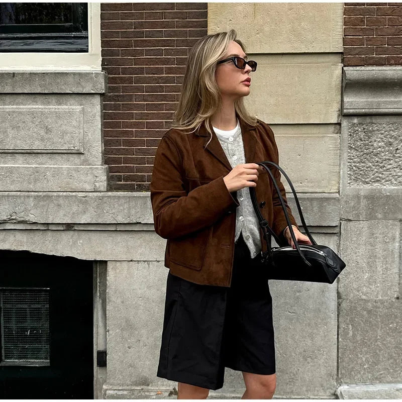 Aiertu  -  Vintage Suede Short Jackets Women Casual Lapel Single-breasted Long Sleeve Coat 2026 Autumn New Female Chic Brown Tops Outwear Aiertu