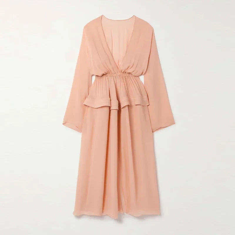 Aiertu  -  Elegant Ruffles Patchwork Pleated Long Dress Women V-neck A-line Long Sleeve Puffy Dresses 2025 Summer Street Vacation Lady Robe Aiertu