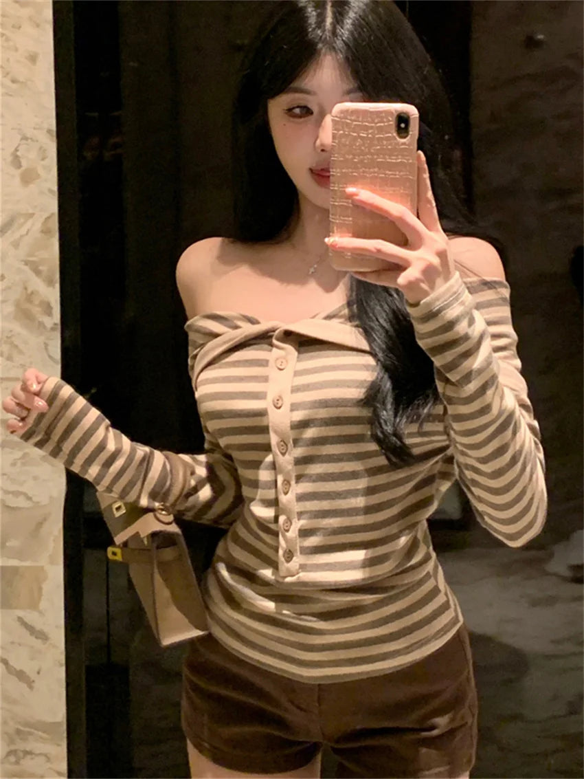 Aiertu  -  Gentle Women T-Shirts Autumn Fashion Slim 2026 Casual Loose All Match Mujer Office Lady High Street Slash Neck Tees Aiertu