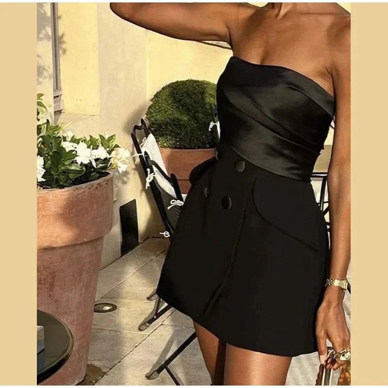 Aiertu  -  Elegant Women Strapless Mini Short Dress Patchwork Double Breasted Sleeveless One-piece Dresses Sexy Lady Street Party Vestidos Aiertu