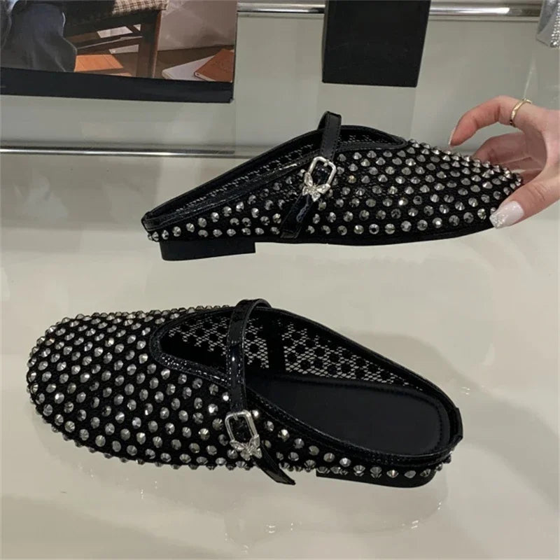 Aiertu  -   Fashion Design Crystal Rhinestone Round Toe Buckle Strap Mules Slippers Women Elegant Low Heels Casual Party Dress Shoes Aiertu
