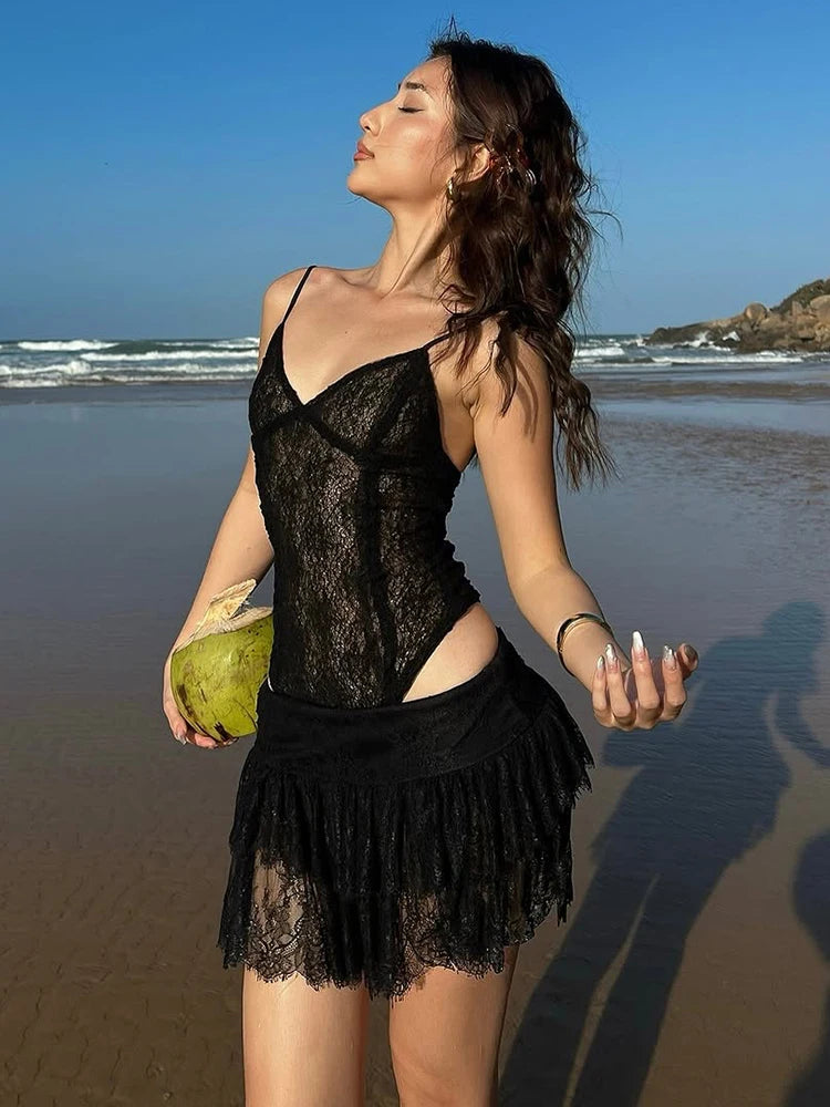 Aiertu  -  Sexy Lace Two-Piece Set Women See Through Sleeveless Bodysuit+Patchwork Mini Skirt Midnight Beach Party Matching Suit Aiertu