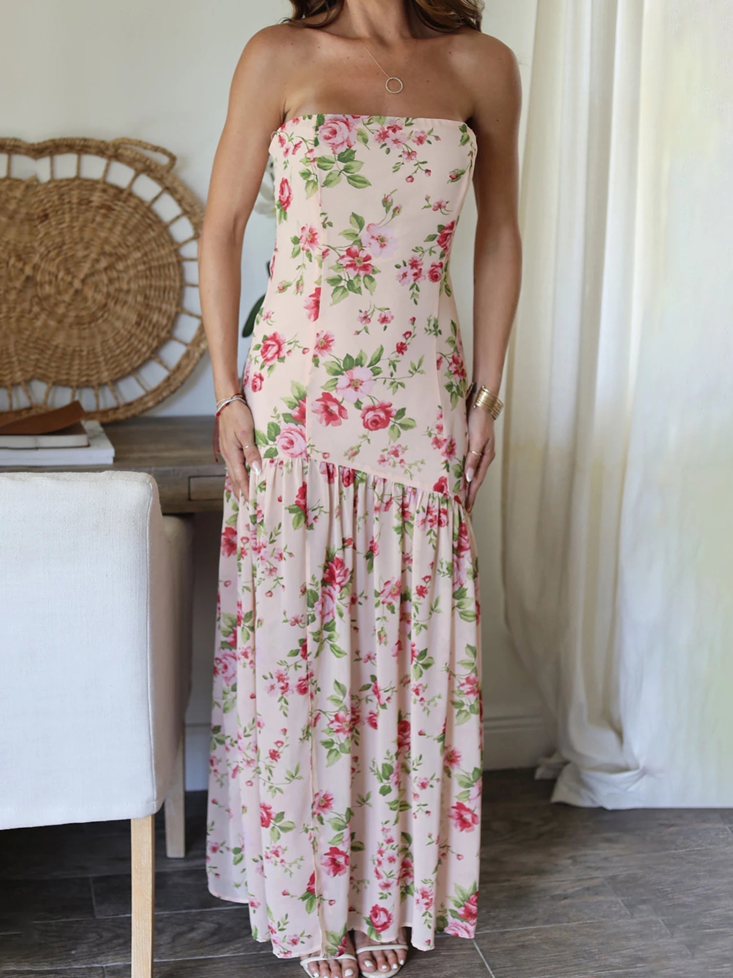 Aiertu  -   Women Off Shoulder Ruffle Dress Elegant Floral Print High Low Hem Maxi Dress for Wedding Party Prom Evening Gown Beach Aiertu