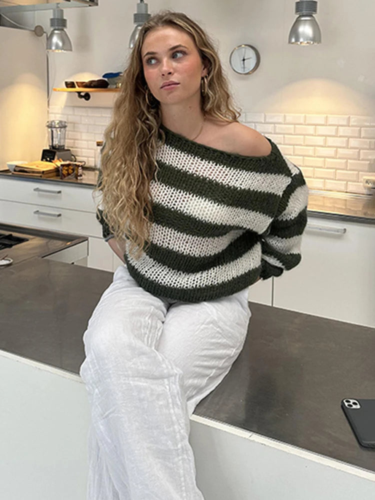 Aiertu  -  Stripe Loose Lazy Knitting Sweater Female Versatile Long Sleeves Pullover Sweater Casual Womens Autumn Winter Outwear Top Aiertu