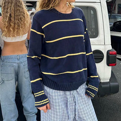 Aiertu  -  cold weather outfits Fashion Striped Women Sweater Y2K O-neck Loose Fit Jumper Top Preppy Style Casual Knitted Pullovers Korean Outfits Aiertu