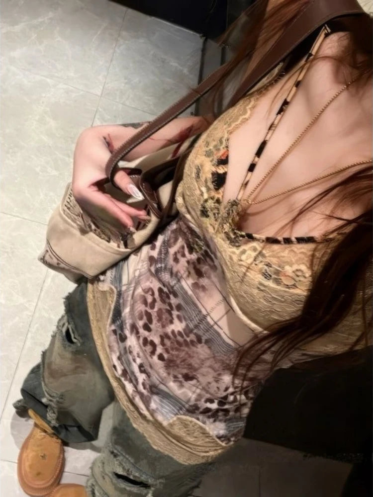 Aiertu  -  Vintage Leopard Printing Streetwear Tanks Women Sexy Patchwork Lace Slim Fit Camisole Summer Harajuku Y2k Aesthetic Tank Top Aiertu