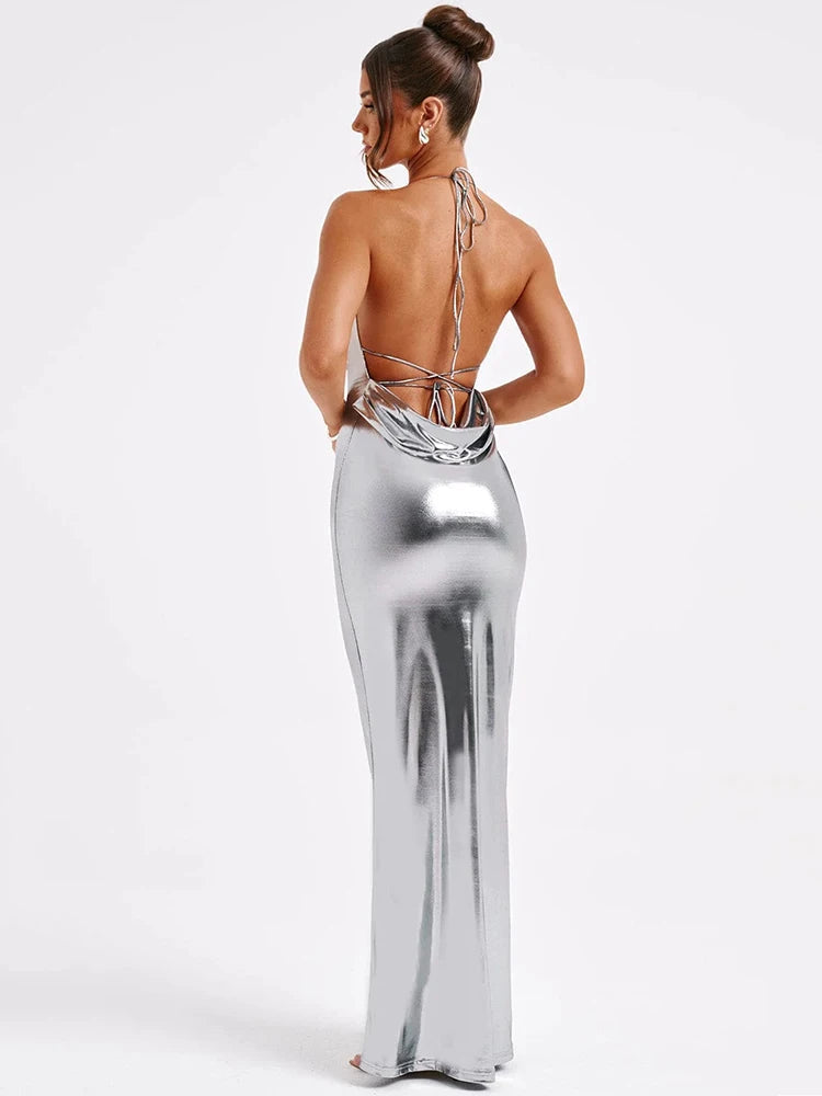 Aiertu  -  Satin Backless Sexy Maxi Dress For Women Fashion Spaghetti Strap Solid Bodycon Long Dress Femme Club Party Long Dress Aiertu