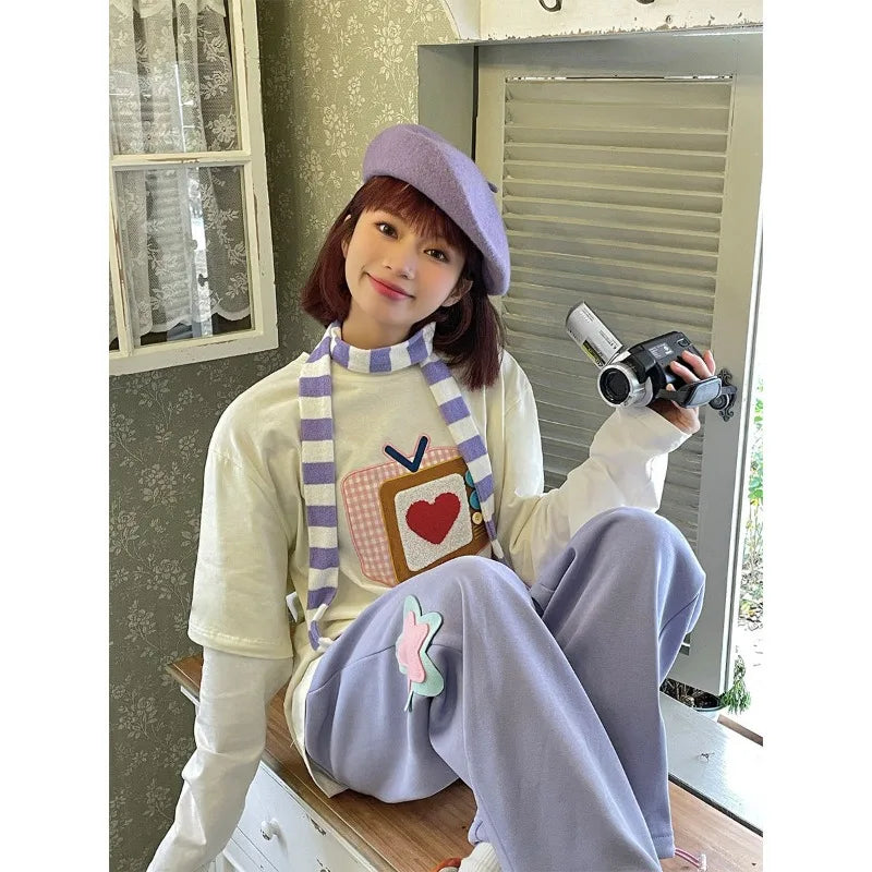 Aiertu  -  Star Note Embroidery Japanese Sweet Girl Soft Trousers Students High Waisted Summer Thin Loose Casual Sports Wide Leg Long Pants Aiertu