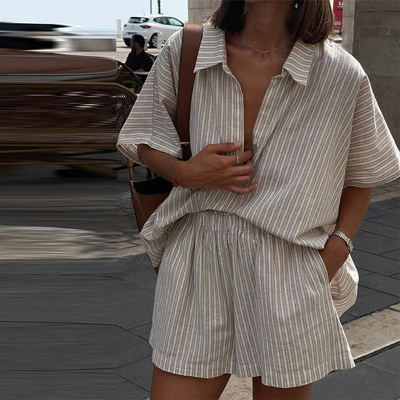 Aiertu  -  Solid Cotton Short Two Piece Set Women Outfit Stripe Long Sleeve Shirts Shorts 2 Piece Sets Simple Style Lady Suit Spring Aiertu