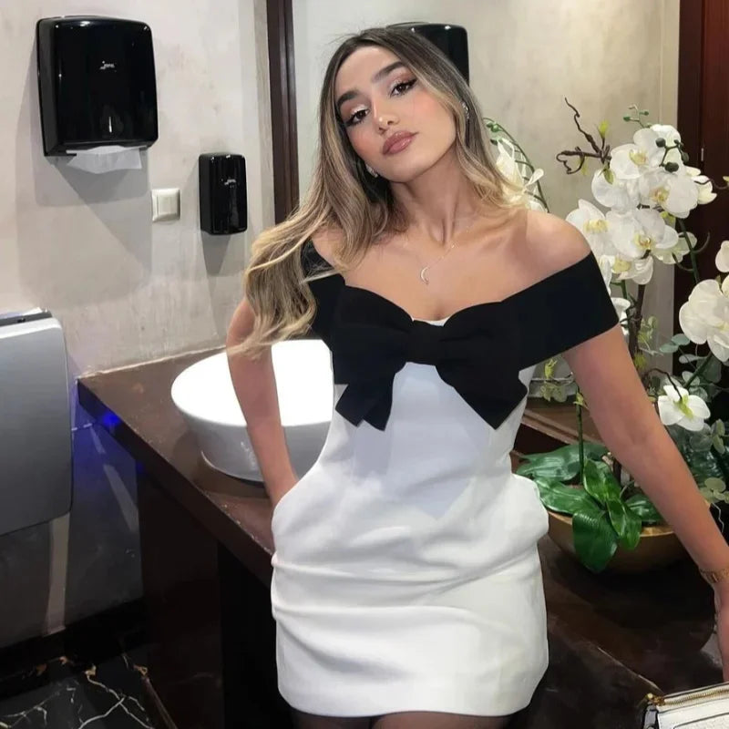 Aiertu  Fashion Black White Contrast Bow Mini Dress Women Elegant Off Shoulder High Waist Slim Fit Vestidos Ladies High-end Party Gowns Aiertu