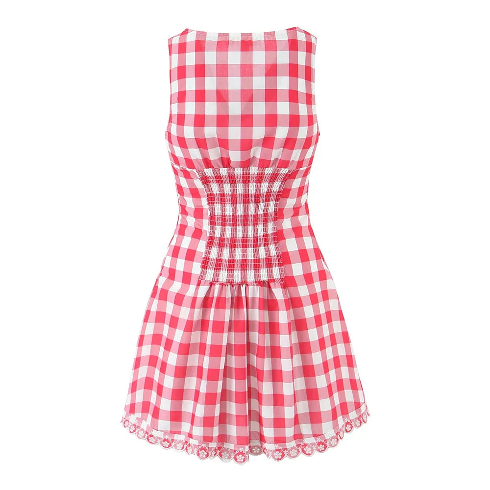 Aiertu  -  Check Slimming Mini Dresses for Women V Neck Sleeveless High Waist Temperament Mini Dress Female Aiertu