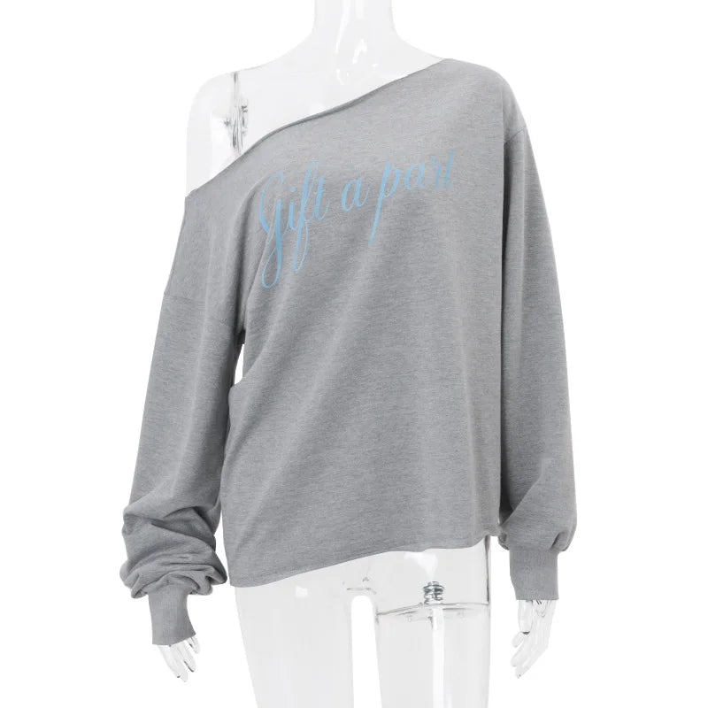 Aiertu  Letter Print Long Sleeve Skew Collar Loose Casual Irregular T-Shirt Fashion Vintage Tops Autumn Streetwear Sweatshirt Aiertu