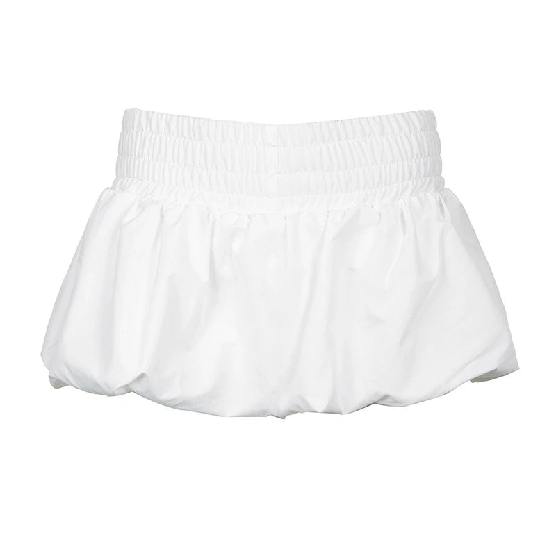 Aiertu  -  Sweet Girls Bud Mini Skirts Elastic Low Waist Pleated Solid White Summer Puffball Hem Lantern Bud Skirt Chic Casual Outfits Aiertu
