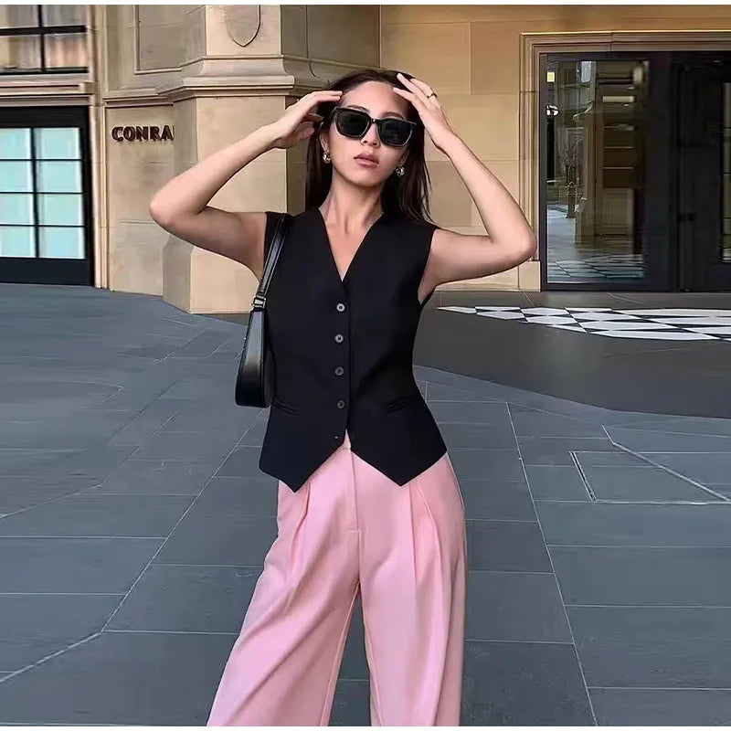 Aiertu  -  Fashion Temperament V-neck Small Suit Vest Women 2026 Spring Summer Slim Solid Color Single Breasted Coat Female Commute Clothes Aiertu