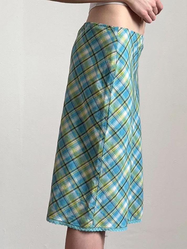 Aiertu  -Vintage Lace Trim Contrast Plaid Midi Skirt aiertu