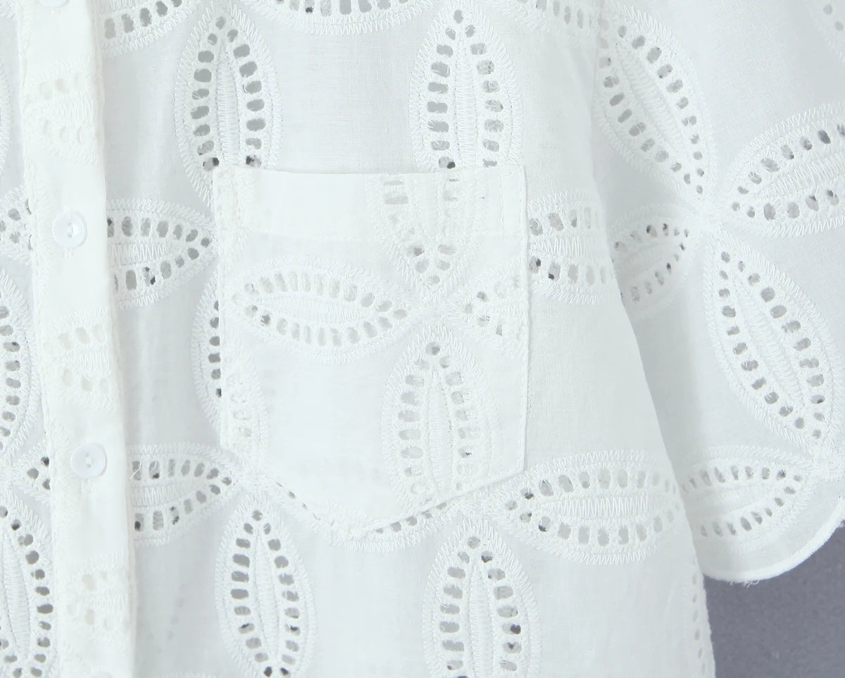 Aiertu  -  2 Pieces 1 Set 2025 Sexy Women White Embroidery Hole Loose Short Sleeve Shirt Back Zipper High Waist Package Hips Mini Skirts Aiertu