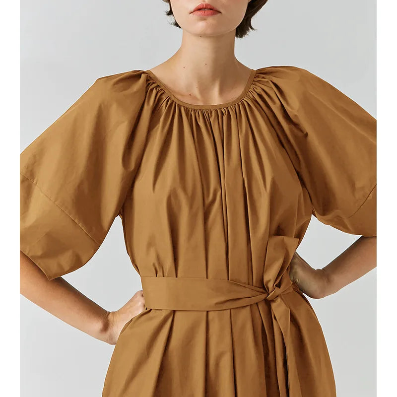 Aiertu  -  Elegant Style 100% Cotton Midi Dress with Belt  Loose Waist Pleated Soild Elastic O-Neck Summer Dresses A-Line Lace-up Lady Robe Aiertu