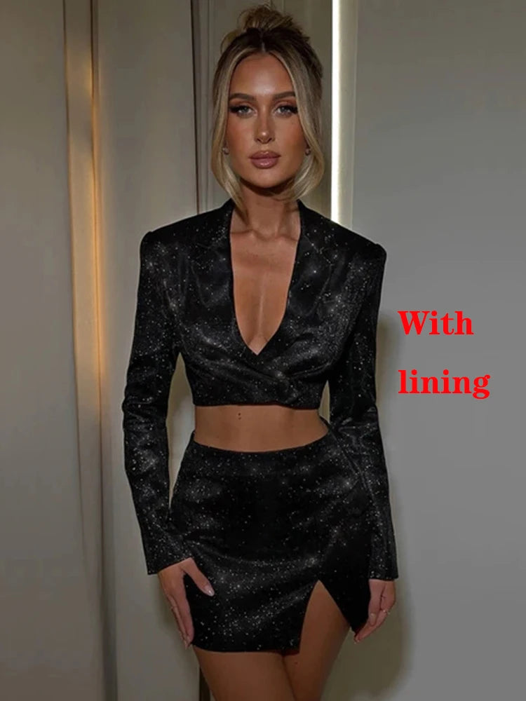 Aiertu  -  Autumn Sparkle Two Piece Set Women Stand Collar Long Sleeve With Lining Blazer And Mini Skirt Sexy Glitter Dress Set Aiertu