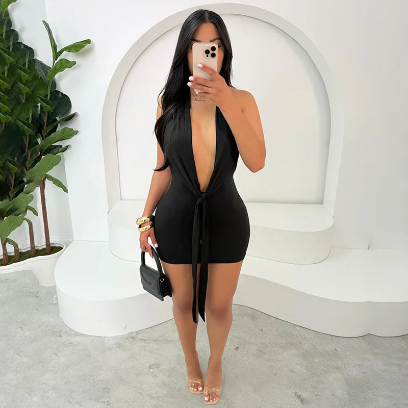 Aiertu  -   Sexy Deep V Neck Mini Dress Women Slim Bandage Off Shoulder Sleeveless Short Dresses Vacation Party Backless Dress Femme Aiertu