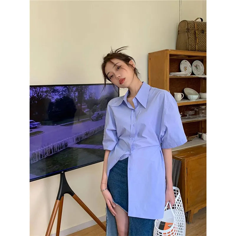 Aiertu Streetwear White Shirts Women Harajuku Folds Short Sleeve Blouses Summer Preppy Korean Fashion Design All Match Chic Tops Aiertu