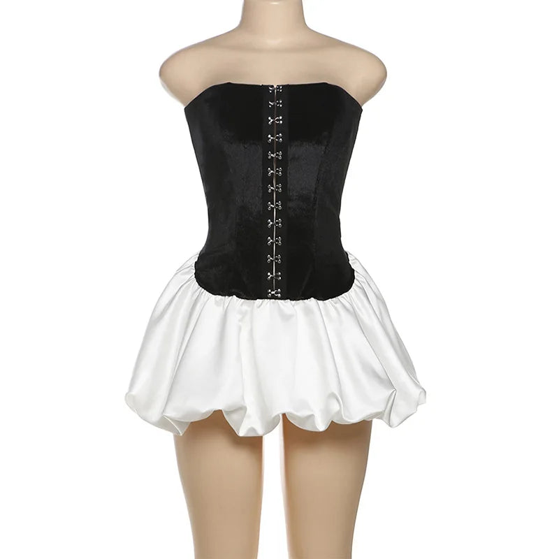 Aiertu  -  Contrast Backless Tube Top Dress Female Buttons Chic High Waist Mini Dress Women's Sexy Slim A-line Evening Party Dress Aiertu